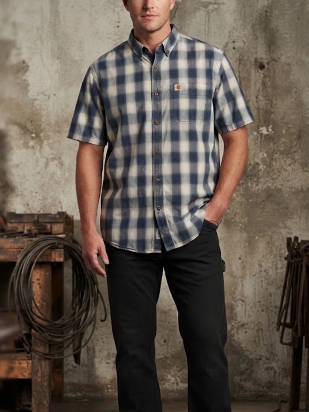 Carhartt Gray Plaid Short Sleeve Shirt Relaxed Fit Workwear XL
